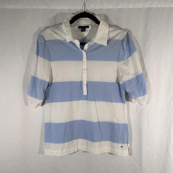 Tommy Hilfiger Blouse Women's Large White Blue Striped 1/2 Button Short Sleeve - Picture 1 of 12